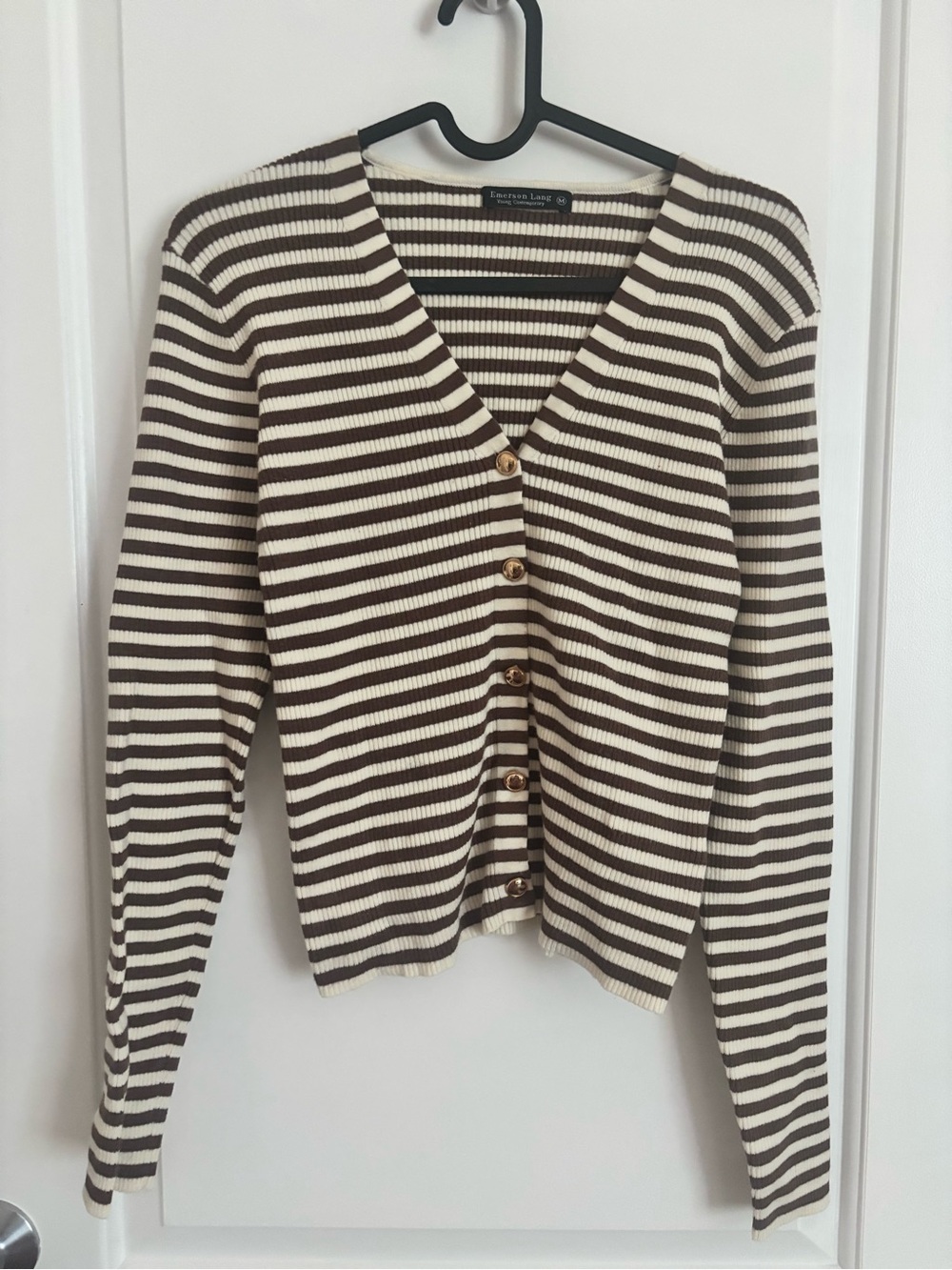 Lands' End Brown & Cream Striped V-Neck Cardigan